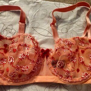 FlexWire Balconette Bra by Understance Brand Embroidery Flamingo Pink 34E (DD)